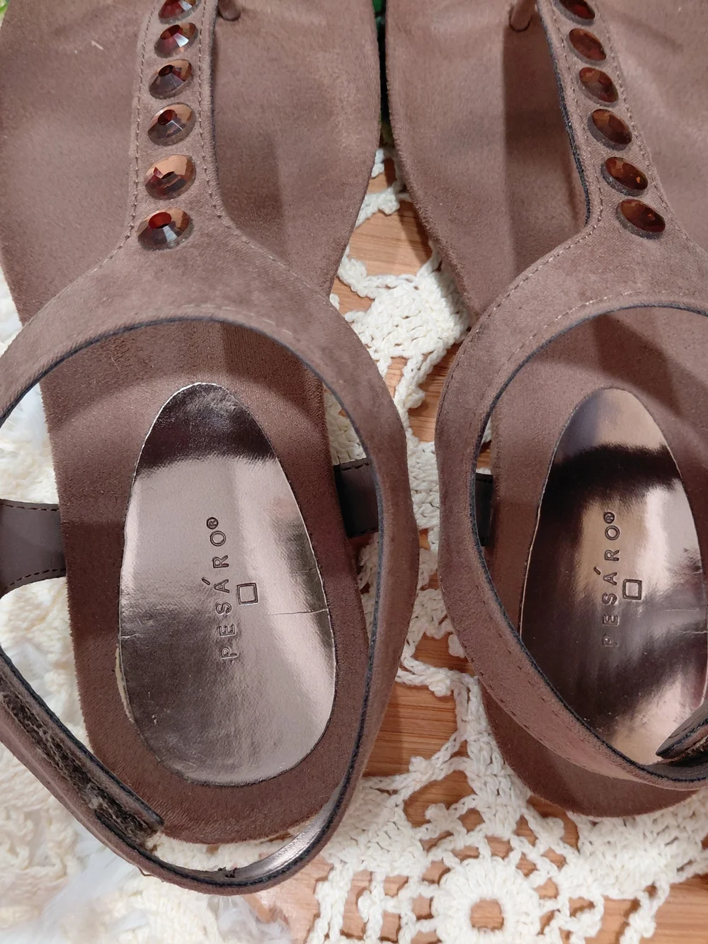 Pesaro Brown Jeweled T-Strap Sandals